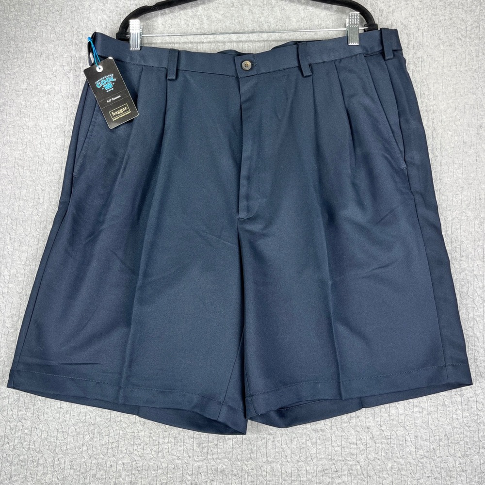 New Haggar Cool 18 Shorts Mens 40 Navy Blue Pleated Front Performance Gabardine